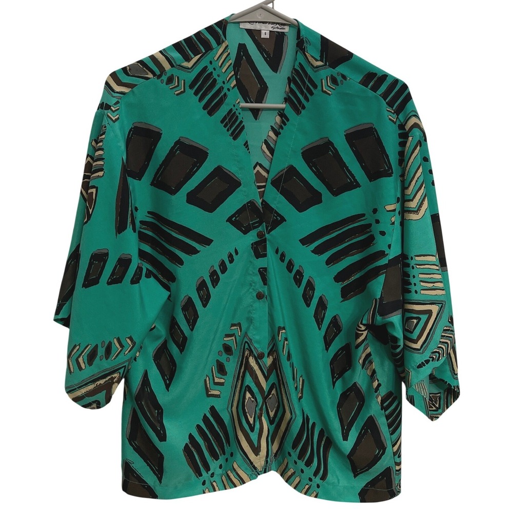 Vintage 90s 100% Silk Abstract Geometric Blouse Teal Artsy Art to Wear Top S